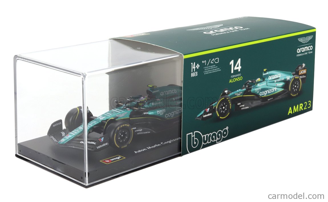 BURAGO - ASTON MARTIN - F1 AMR23 TEAM ARAMCO COGNIZANT N 14 SEASON 2023 FERNANDO ALONSO - WITH PILOT AND SHOWCASE