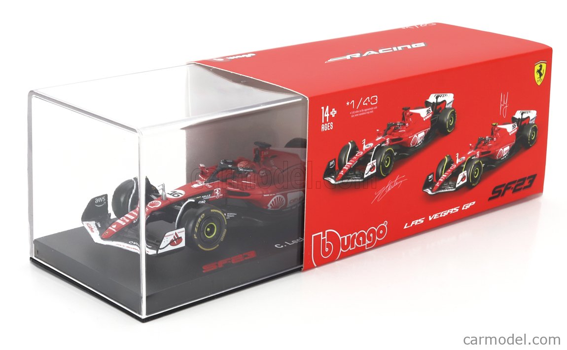 BURAGO - FERRARI - F1 SF-23 TEAM SCUDERIA FERRARI N 16 2nd LAS VEGAS USA GP 2023 CHARLES LECLERC - WITH PILOT AND SHOWCASE