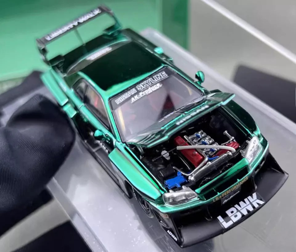 STREET WEAPON NISSAN SKYLINE GT-R ER34 LBWK CHROME GREEN 1/64 DIECAST CAR BY STREET WEAPON