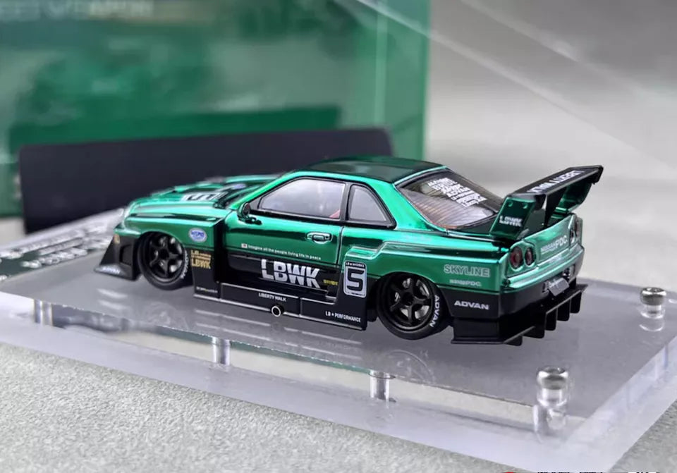 STREET WEAPON NISSAN SKYLINE GT-R ER34 LBWK CHROME GREEN 1/64 DIECAST CAR BY STREET WEAPON