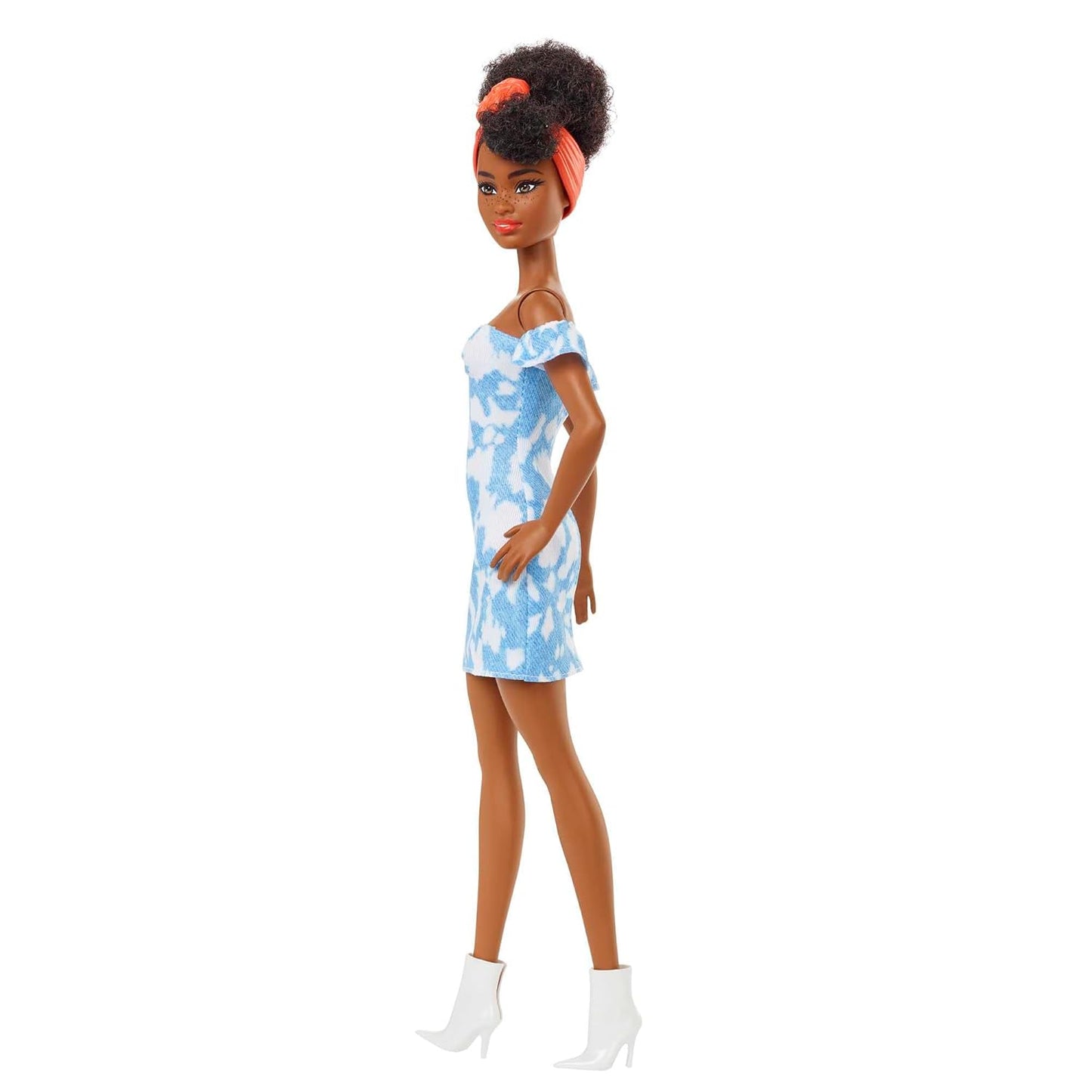 Barbie Fashionistas Doll #185, Black Up-do Hair, Off-shoulder Bleached Denim Dress, Orange Bandana, White Boots
