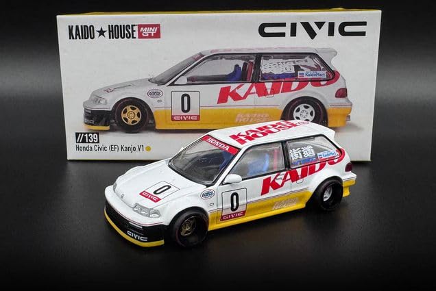 1:64 Diecast Model Car Compatible with Kaido House x Mini GT Honda Civic (EF) Kanjo V1 White/Yellow Limited Edition KHMG139