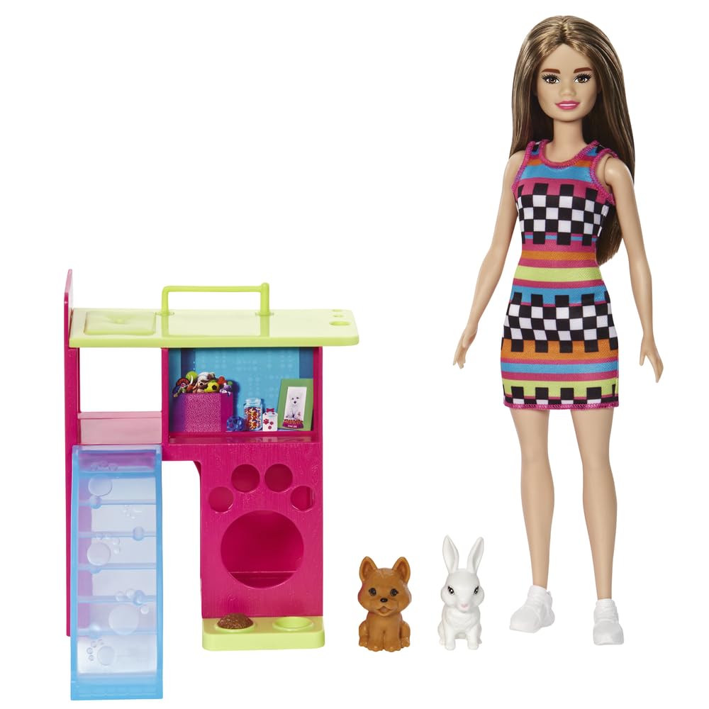 Barbie® Playset with Pet Playhouse, Doll (Brunette, Petite), Puppy and Bunny Pets