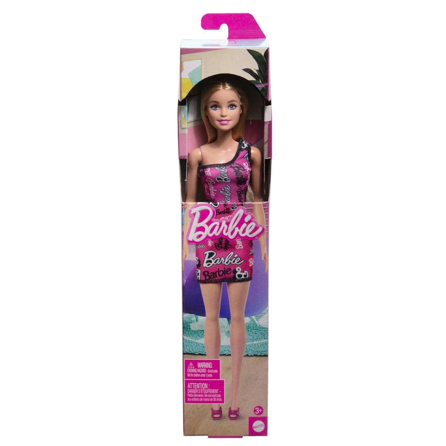 Barbie Fashion Doll with Straight Blonde Hair Wearing Removable Pink One-Shoulder Dress & Shoes