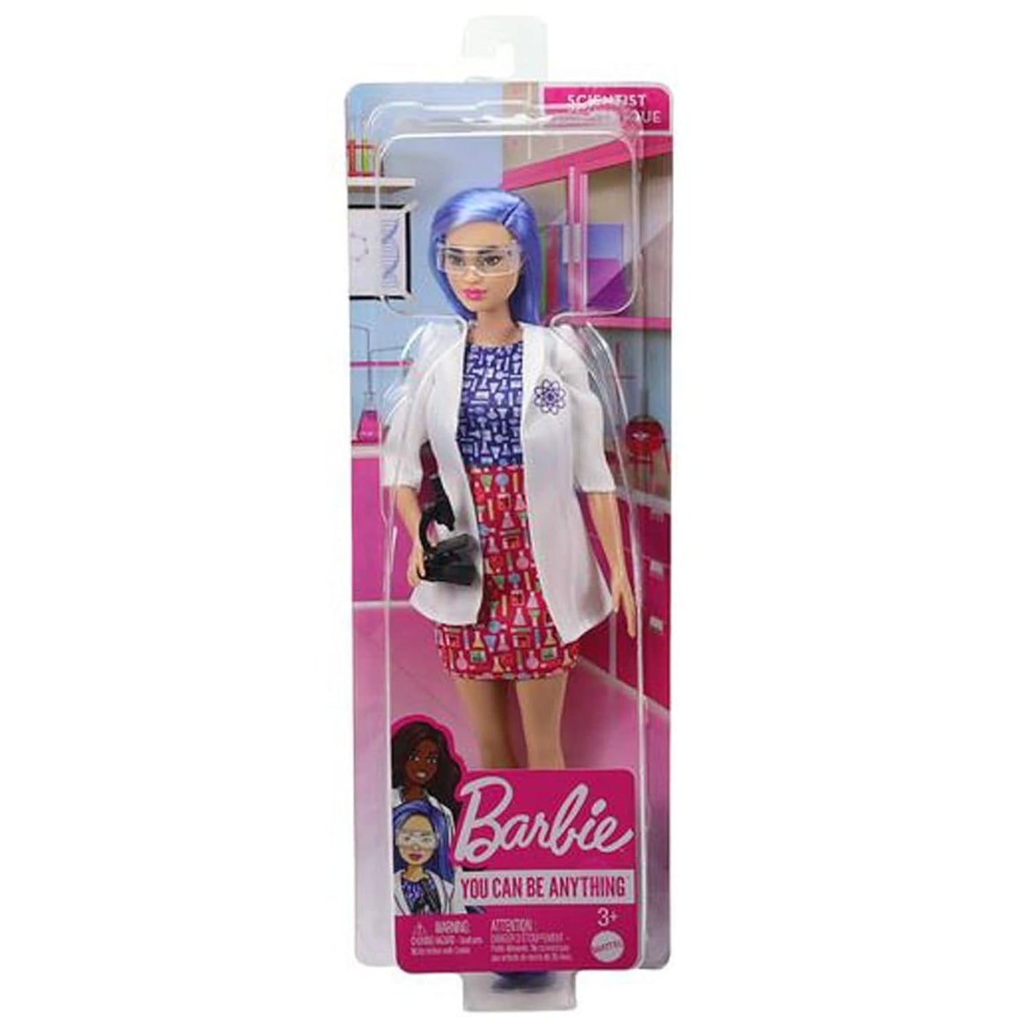 Barbie Scientist Doll (12 inches), Blue Hair, Color Block Dress, Lab Coat & Flats, Microscope Accessory