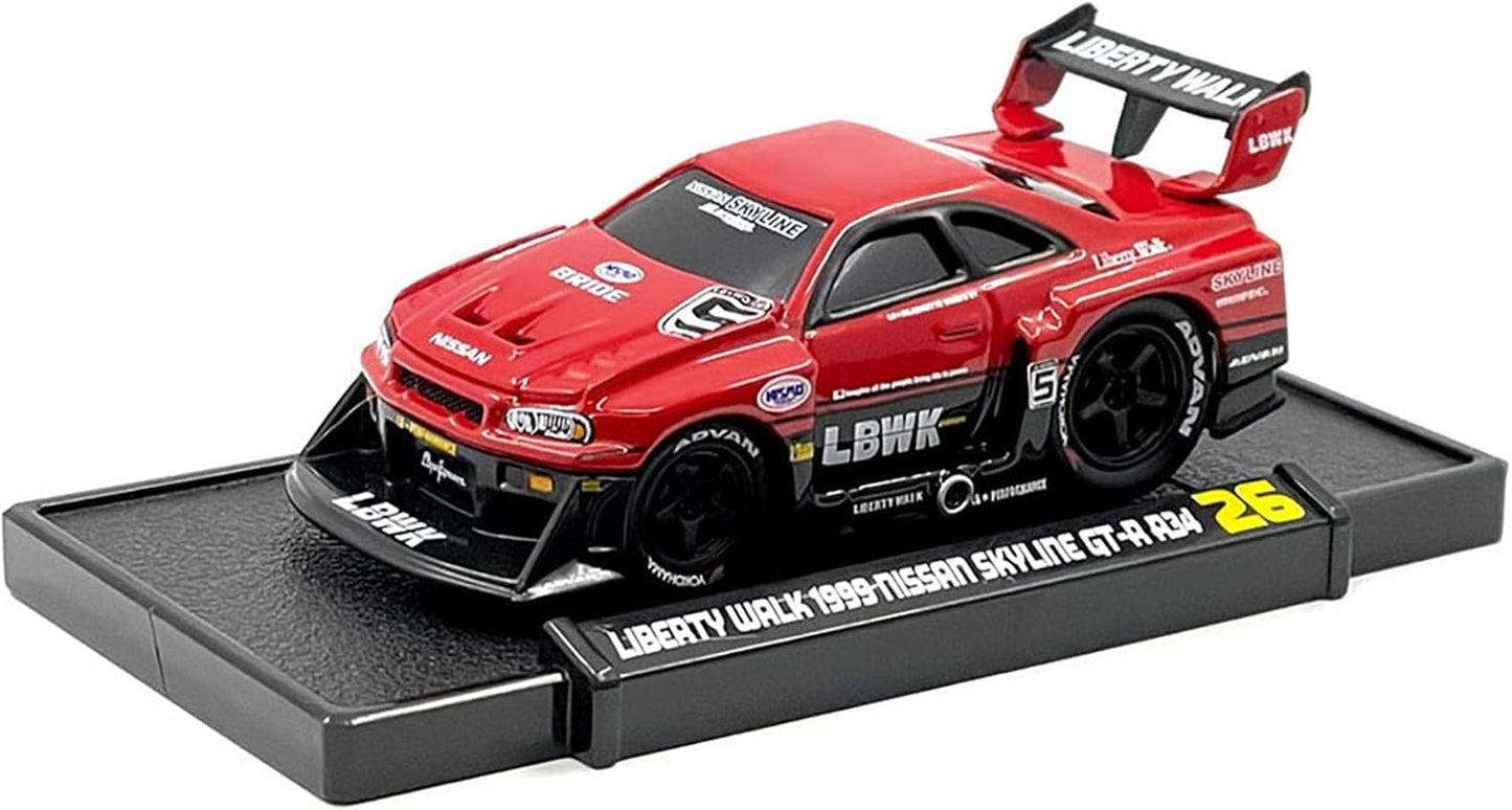 1999 Skyline GT-R (R34) #5 "Liberty Walk Red and Black 1/64 Diecast Model Car by Muscle Machines