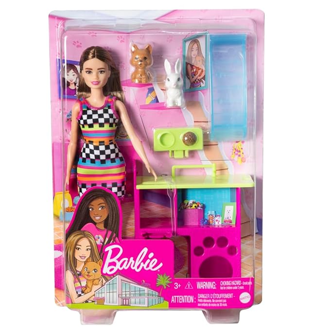 Barbie® Playset with Pet Playhouse, Doll (Brunette, Petite), Puppy and Bunny Pets