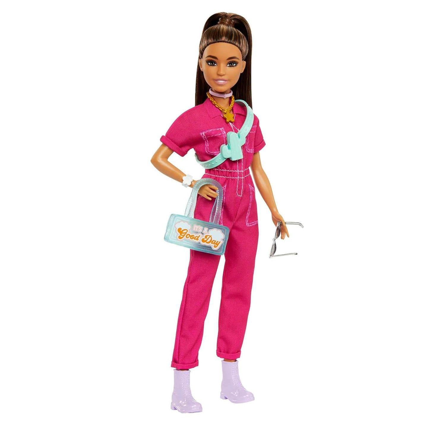 Doll in Trendy Pink Jumpsuit with Storytelling Accessories and Pet Puppy, Brown Hair in High Ponytail