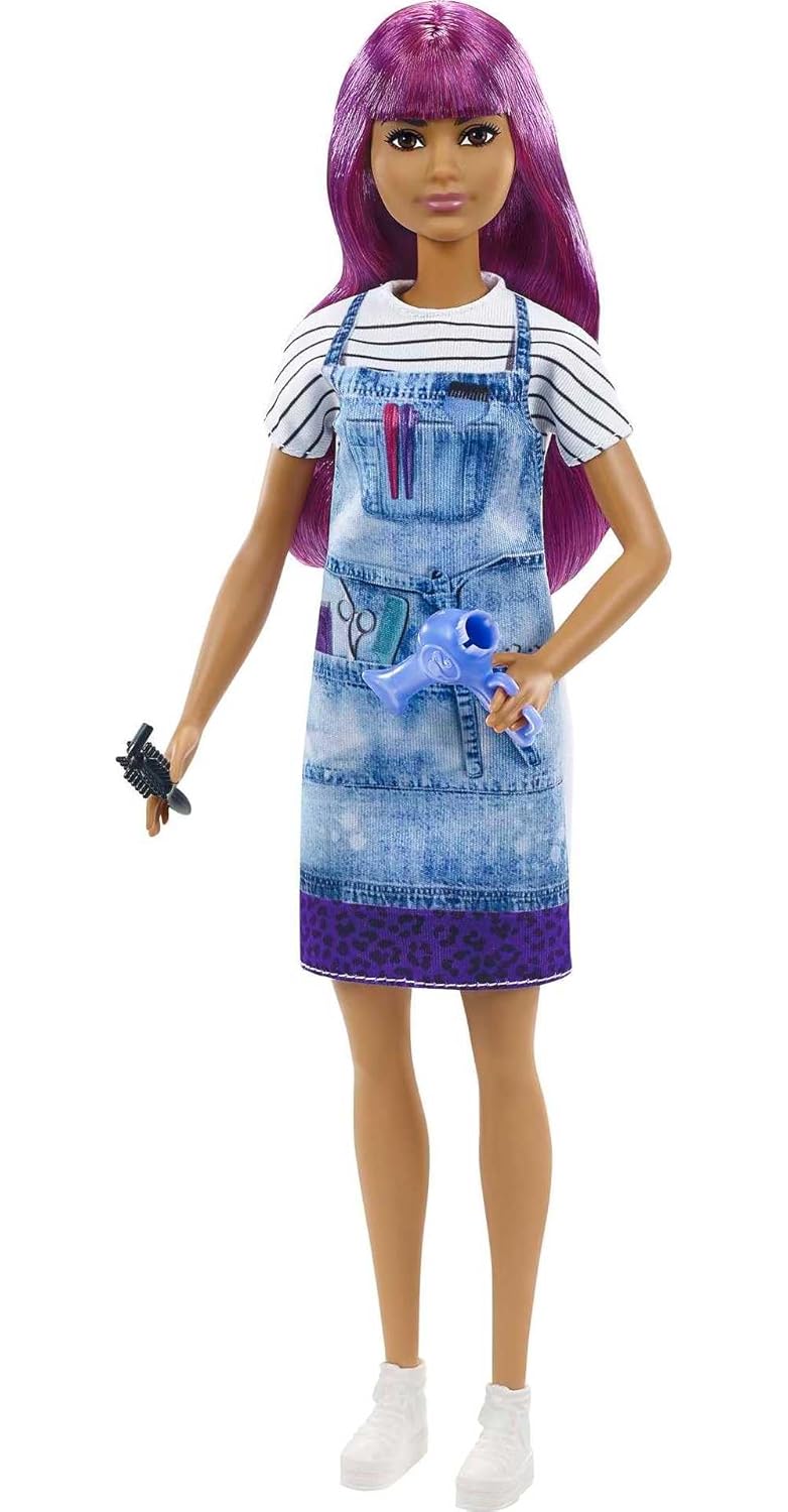 Barbie® Salon Stylist Doll (12-in/30.40-cm) with Purple Hair, Tie-dye Smock, Striped Tee, Blow Dryer & Comb Accessories