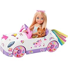 Barbie Club Chelsea™ Doll (6-inch Blonde) with Open-Top Rainbow Unicorn-Themed Car, Pet Puppy, Sticker Sheet & Accessories