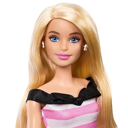 Barbie Doll with Blonde Hair, Pink and White Striped Dress with Matching Heels