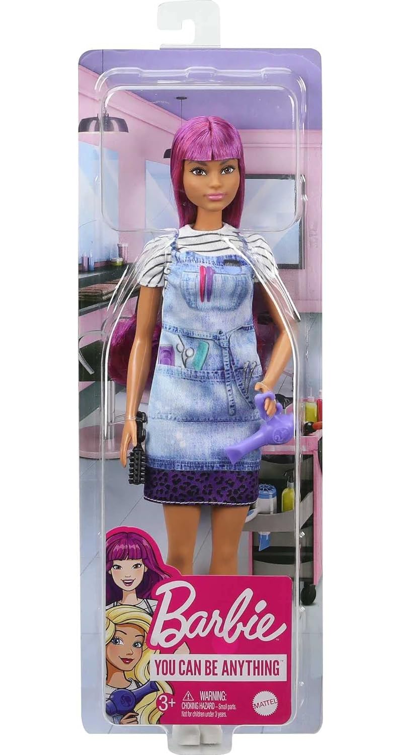 Barbie® Salon Stylist Doll (12-in/30.40-cm) with Purple Hair, Tie-dye Smock, Striped Tee, Blow Dryer & Comb Accessories