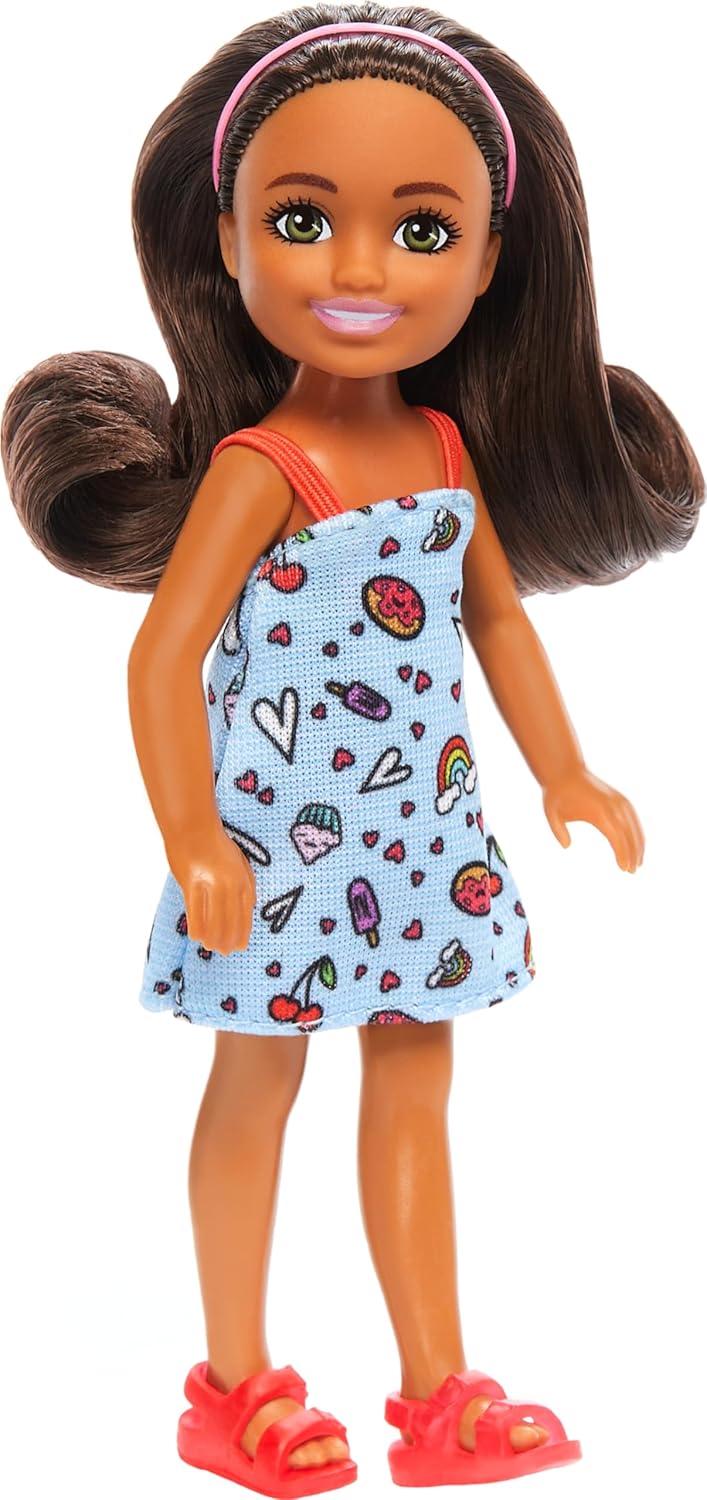 Barbie Chelsea Doll, Small Doll Wearing Removable Blue Dress with Colorful Print & Pink Shoes, Brown Hair & Green Eyes
