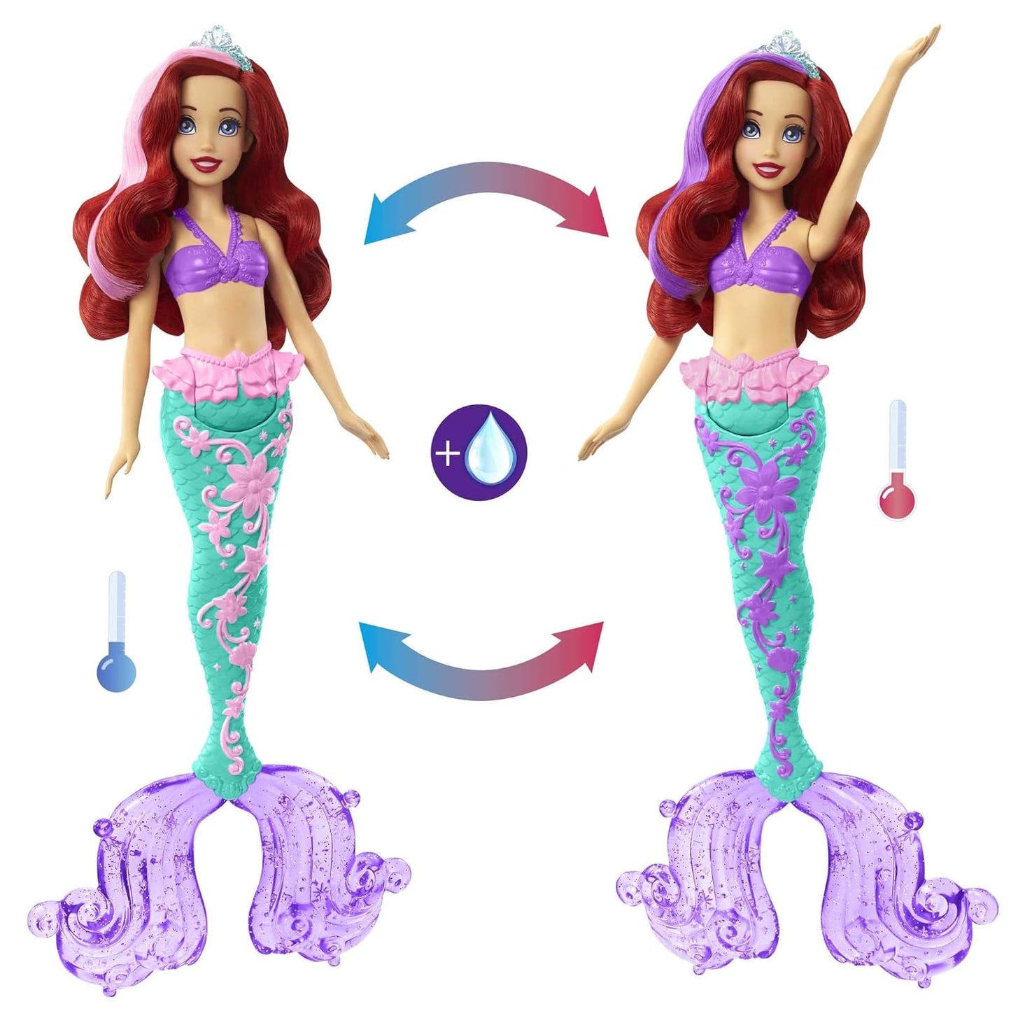 Disney Mattel Princess Toys, Ariel Mermaid Doll with Color-Change Hair and Tail, Color Splash Water Toy Inspired by The Movie