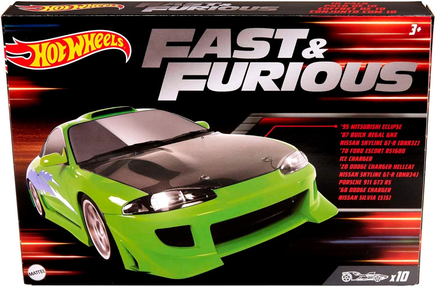 Hot Wheels Cars, Fast & Furious 10-Pack of 1:64 Scale Iconic Cars from The Fast Movies, 2 Exclusive Models, Elevated Deco Execution
