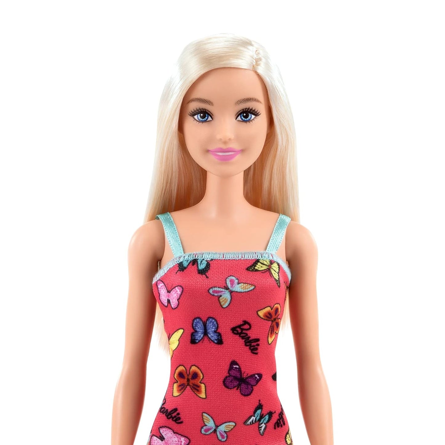 Barbie Doll (11.5 inches) with Colorful Butterfly Logo Print Red Dress & Strappy Heels, Great Gift for Ages 3 Years Old & Up