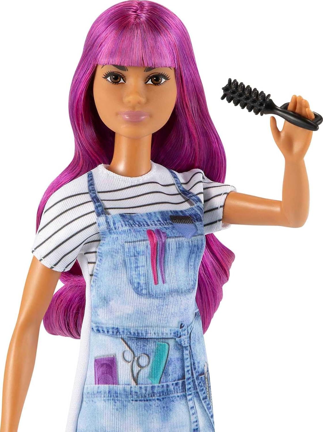 Barbie® Salon Stylist Doll (12-in/30.40-cm) with Purple Hair, Tie-dye Smock, Striped Tee, Blow Dryer & Comb Accessories