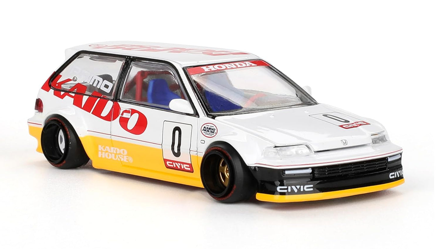 1:64 Diecast Model Car Compatible with Kaido House x Mini GT Honda Civic (EF) Kanjo V1 White/Yellow Limited Edition KHMG139