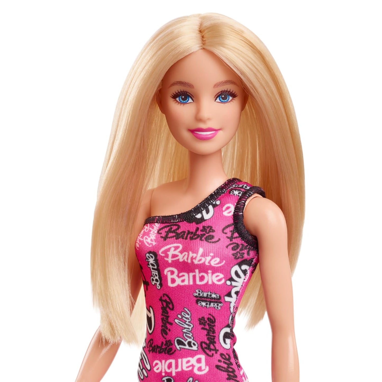 Barbie Fashion Doll with Straight Blonde Hair Wearing Removable Pink One-Shoulder Dress & Shoes