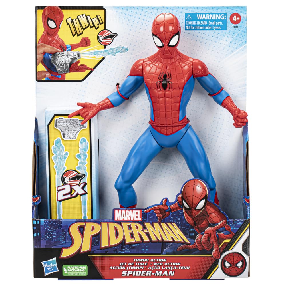 Marvel Spider-Man Thwip Action Figure, 13-Inch-Scale Action Figure, Super Hero Toys for Kids, Ages 5 and Up, Web Blaster Accessories Included