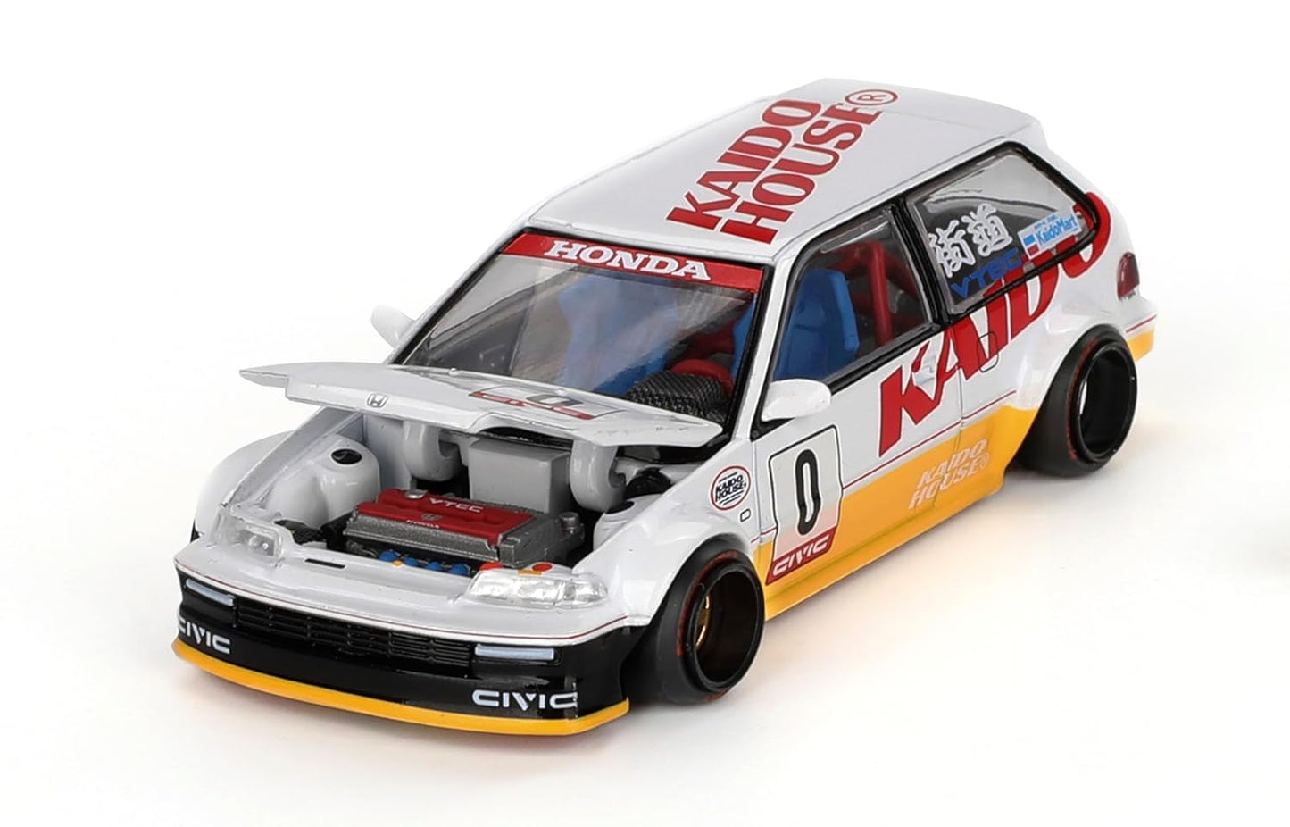 1:64 Diecast Model Car Compatible with Kaido House x Mini GT Honda Civic (EF) Kanjo V1 White/Yellow Limited Edition KHMG139