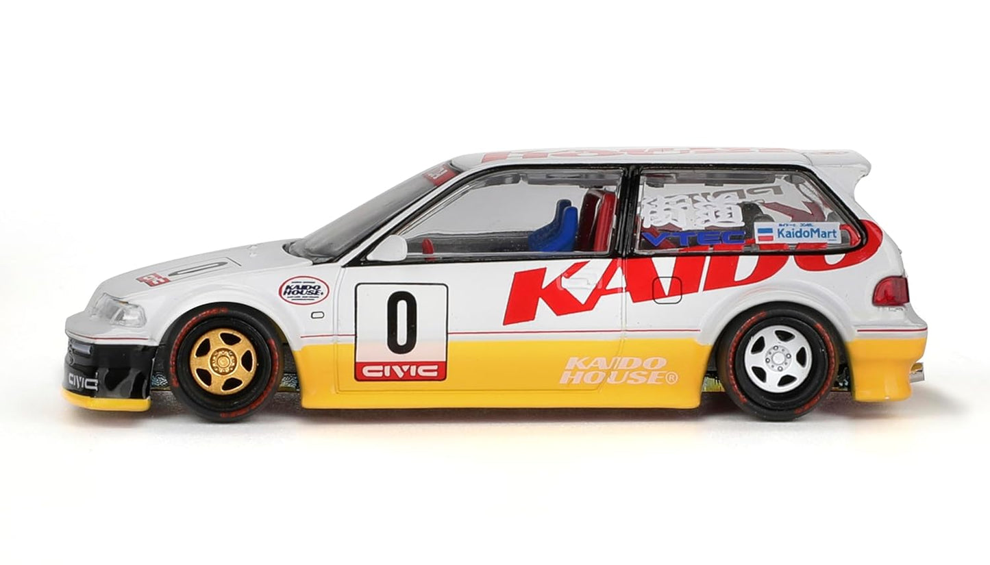 1:64 Diecast Model Car Compatible with Kaido House x Mini GT Honda Civic (EF) Kanjo V1 White/Yellow Limited Edition KHMG139