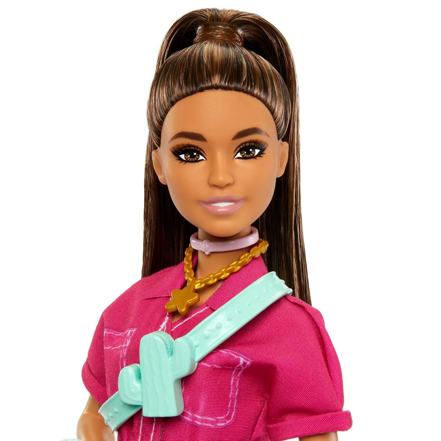 Doll in Trendy Pink Jumpsuit with Storytelling Accessories and Pet Puppy, Brown Hair in High Ponytail