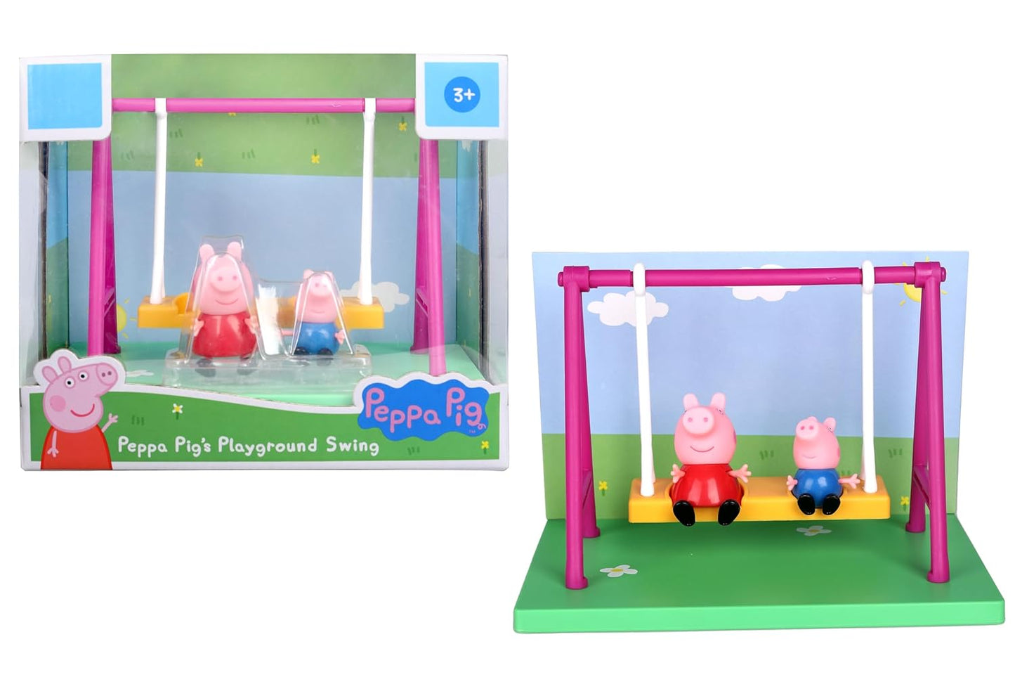PEPPA PIG Playground Swing Themed Preschool Toy and George, Includes 2 Poseable Figures, Playset Playground Swing Accessory and Scene Cards, for Girls and Boys Ages 3+