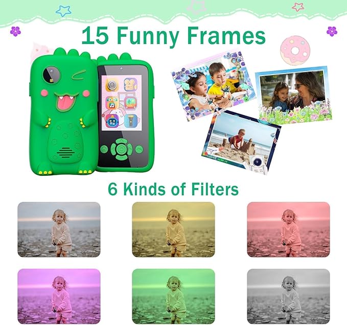 Happy Hues Smart phone Toy with MP3 Music Player Dual Camera for Selfies- in Built Games 2.4" Screen 8MP Camera Toys for Boys & Girls- Green,Sky Blue, Green