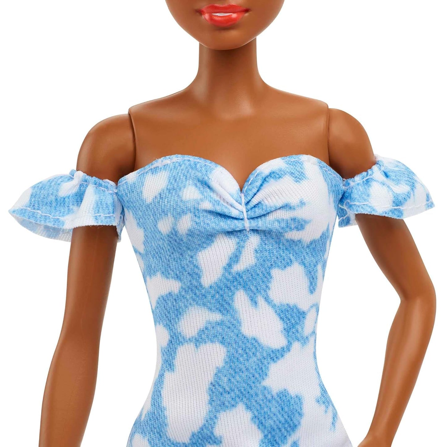 Barbie Fashionistas Doll #185, Black Up-do Hair, Off-shoulder Bleached Denim Dress, Orange Bandana, White Boots
