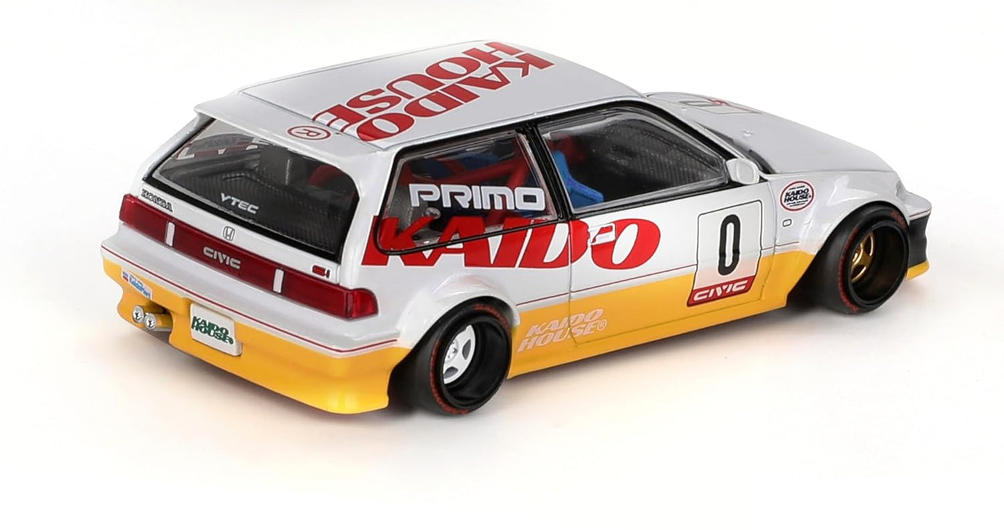 1:64 Diecast Model Car Compatible with Kaido House x Mini GT Honda Civic (EF) Kanjo V1 White/Yellow Limited Edition KHMG139