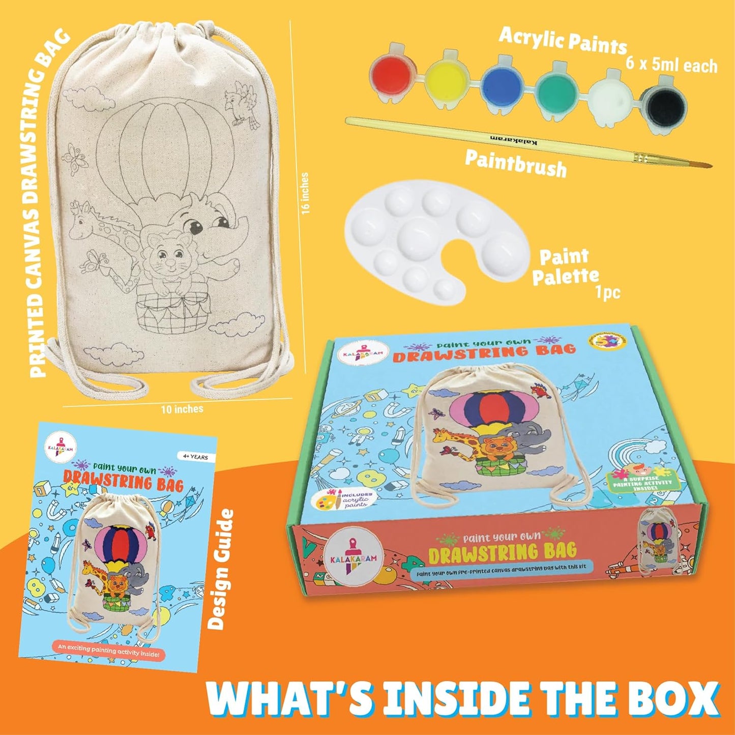 Kalakaram DIY Drawstring Bag Painting Kit, Animal Theme Painting Kit, Pre-Printed Canvas Drawstring Bag, DIY Activity Art and Craft Kit for Girls, Teens, & Kids Age 5, 6,7,8,9+ Kids, Multicolor