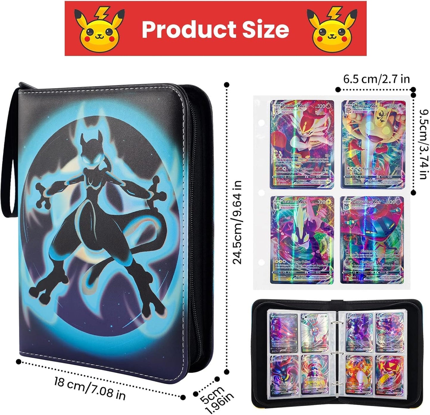 Trading Card Binder with 4 Pocket, PU Leather Card Folder for Playing Cards, 400 Cards Collection Binder with Handle and Zipper, Card Album Card Sleeves Card Book Holder as Kids Birthday Gift