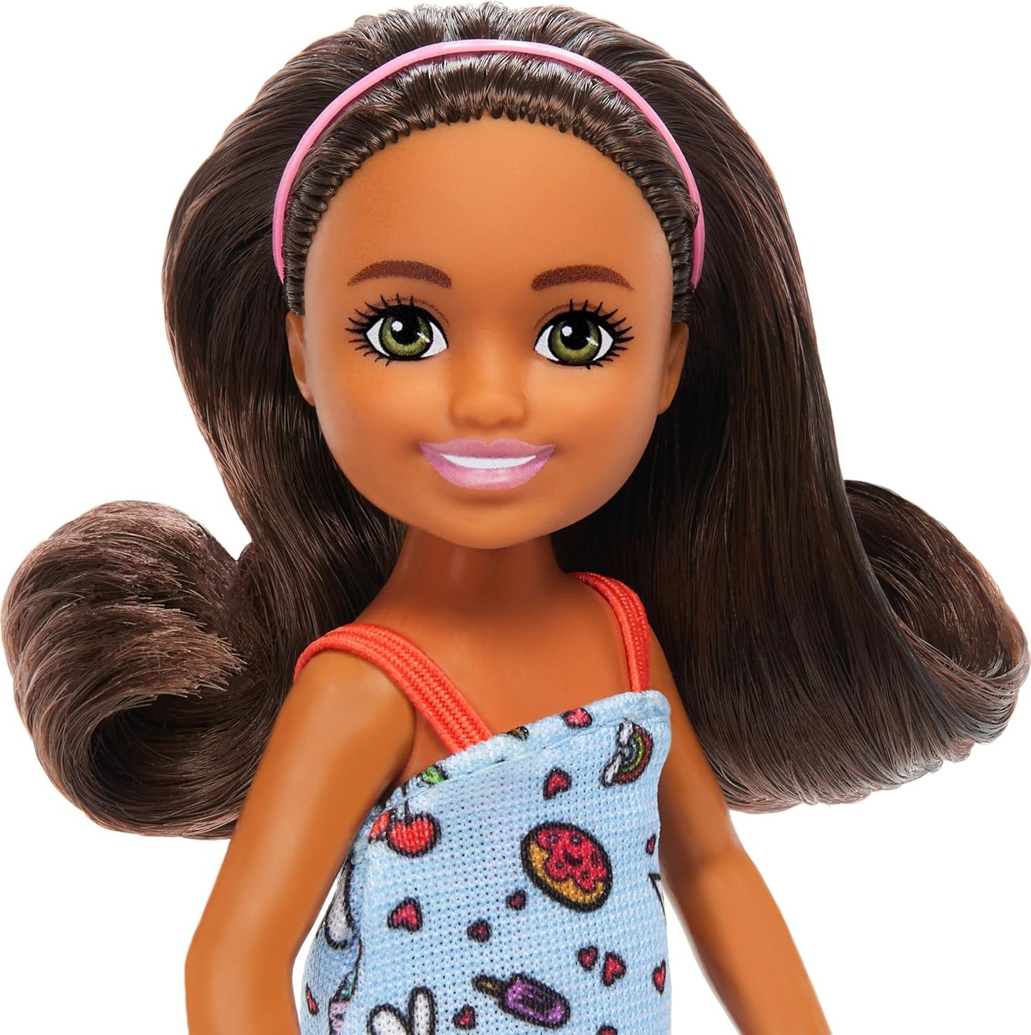 Barbie Chelsea Doll, Small Doll Wearing Removable Blue Dress with Colorful Print & Pink Shoes, Brown Hair & Green Eyes