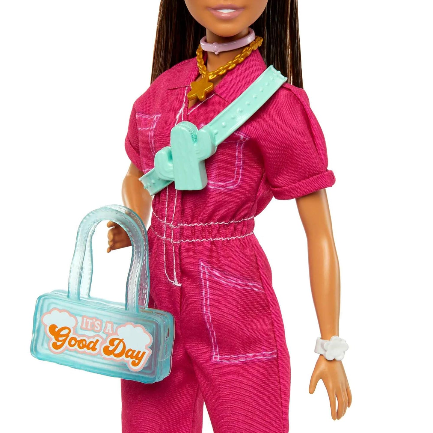 Doll in Trendy Pink Jumpsuit with Storytelling Accessories and Pet Puppy, Brown Hair in High Ponytail