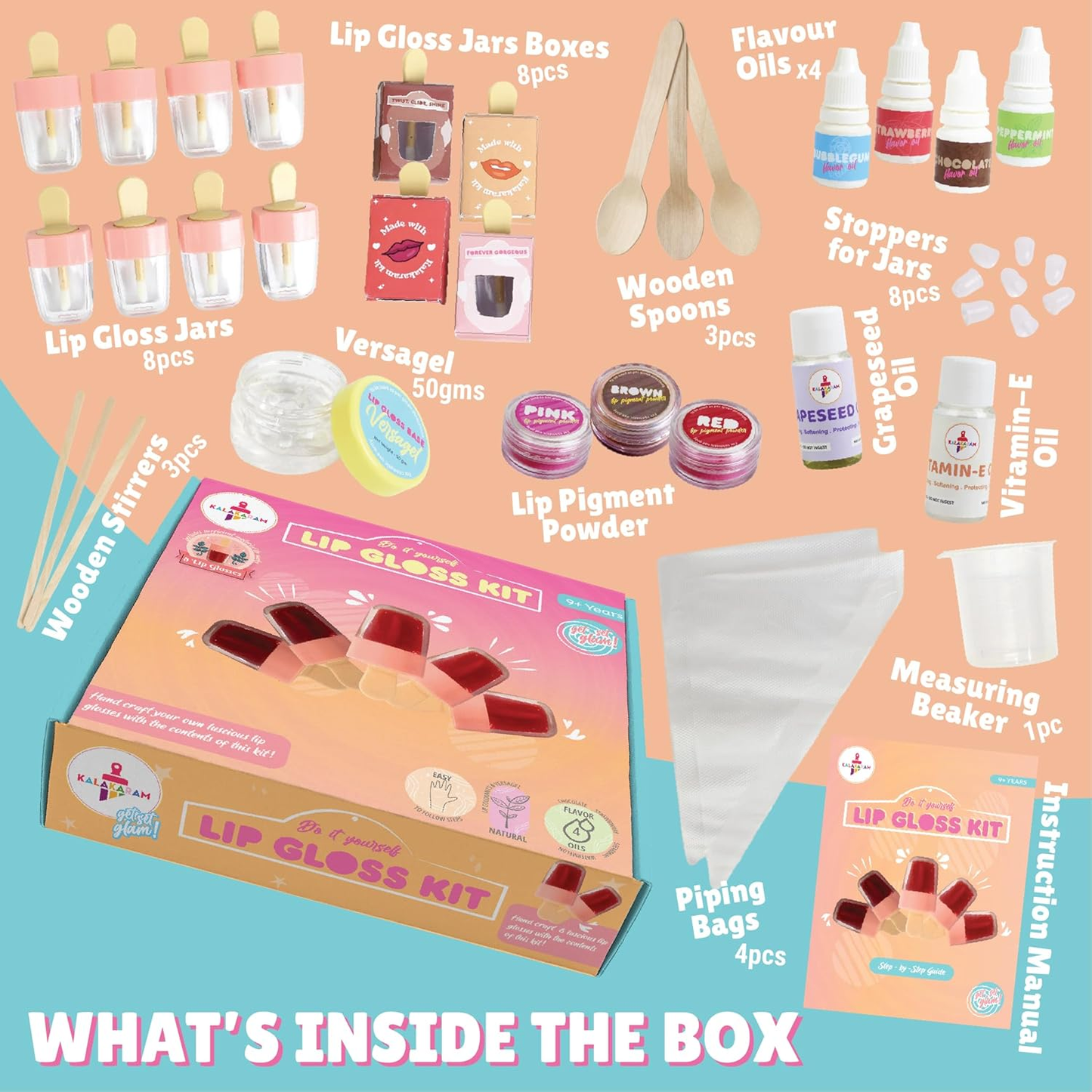 Kalakaram Lip Gloss DIY Kit - Make 8 Lip Gloss with nourishing Vitamin E Oil