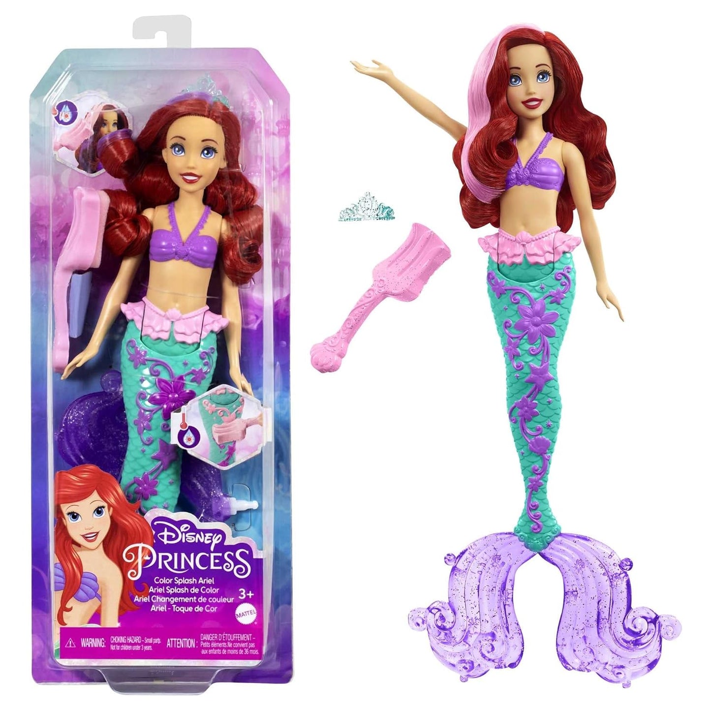 Disney Mattel Princess Toys, Ariel Mermaid Doll with Color-Change Hair and Tail, Color Splash Water Toy Inspired by The Movie
