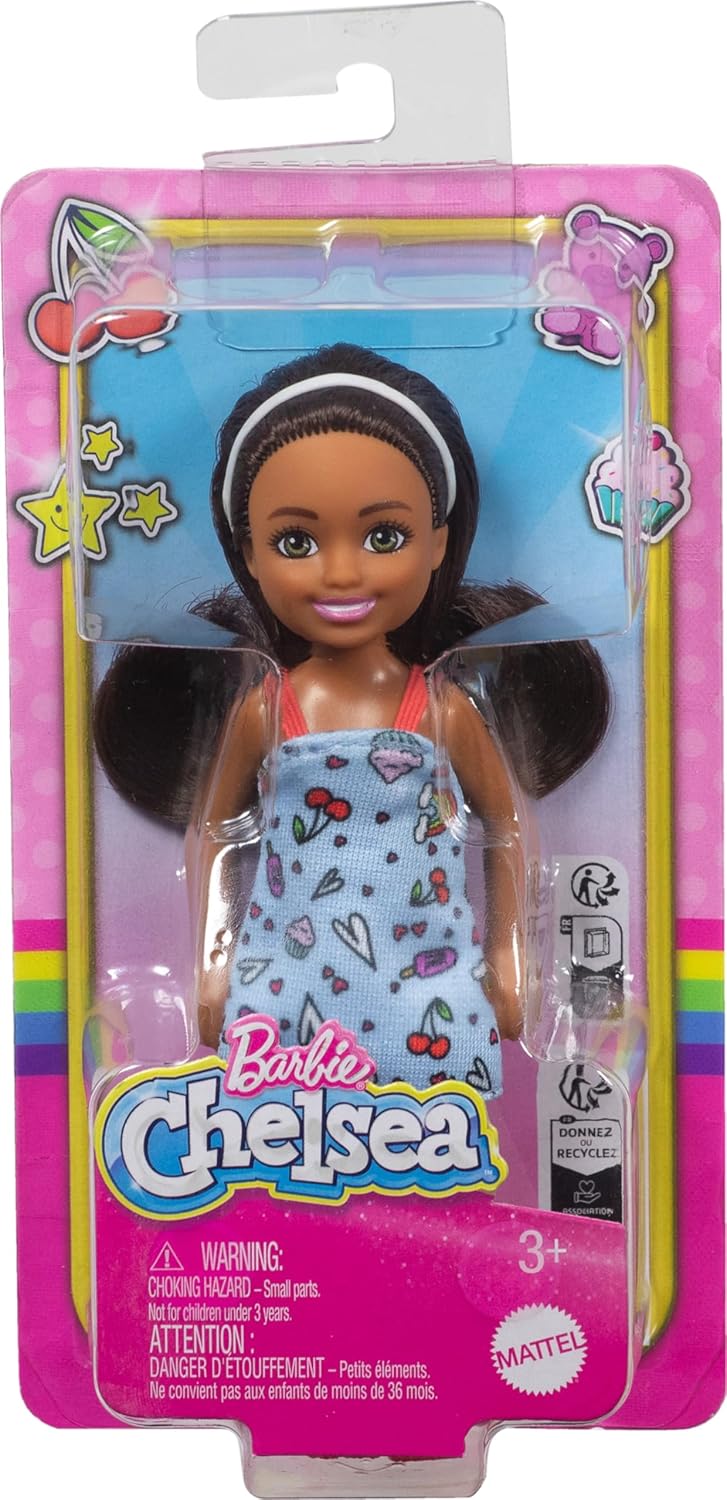 Barbie Chelsea Doll, Small Doll Wearing Removable Blue Dress with Colorful Print & Pink Shoes, Brown Hair & Green Eyes