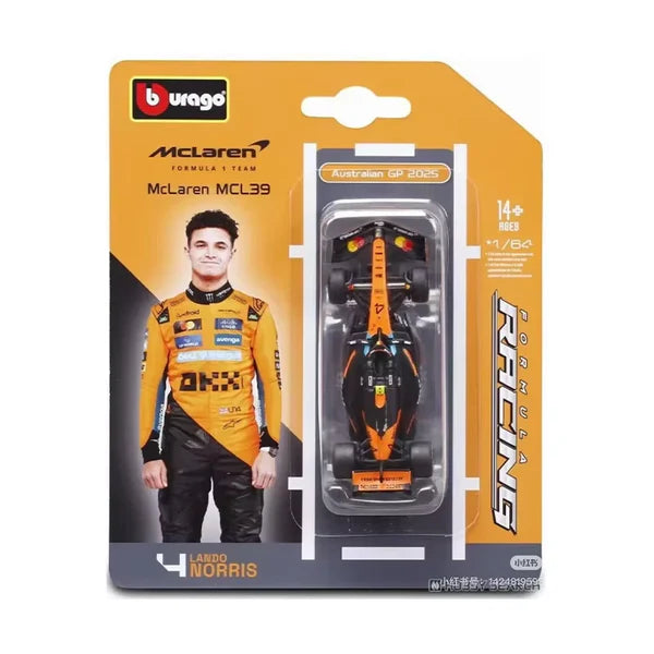 Official Bburago Formula Racing F1 Team 1:64 Diecast Scale Model - Mclaren MCL39 4 Lando Norris