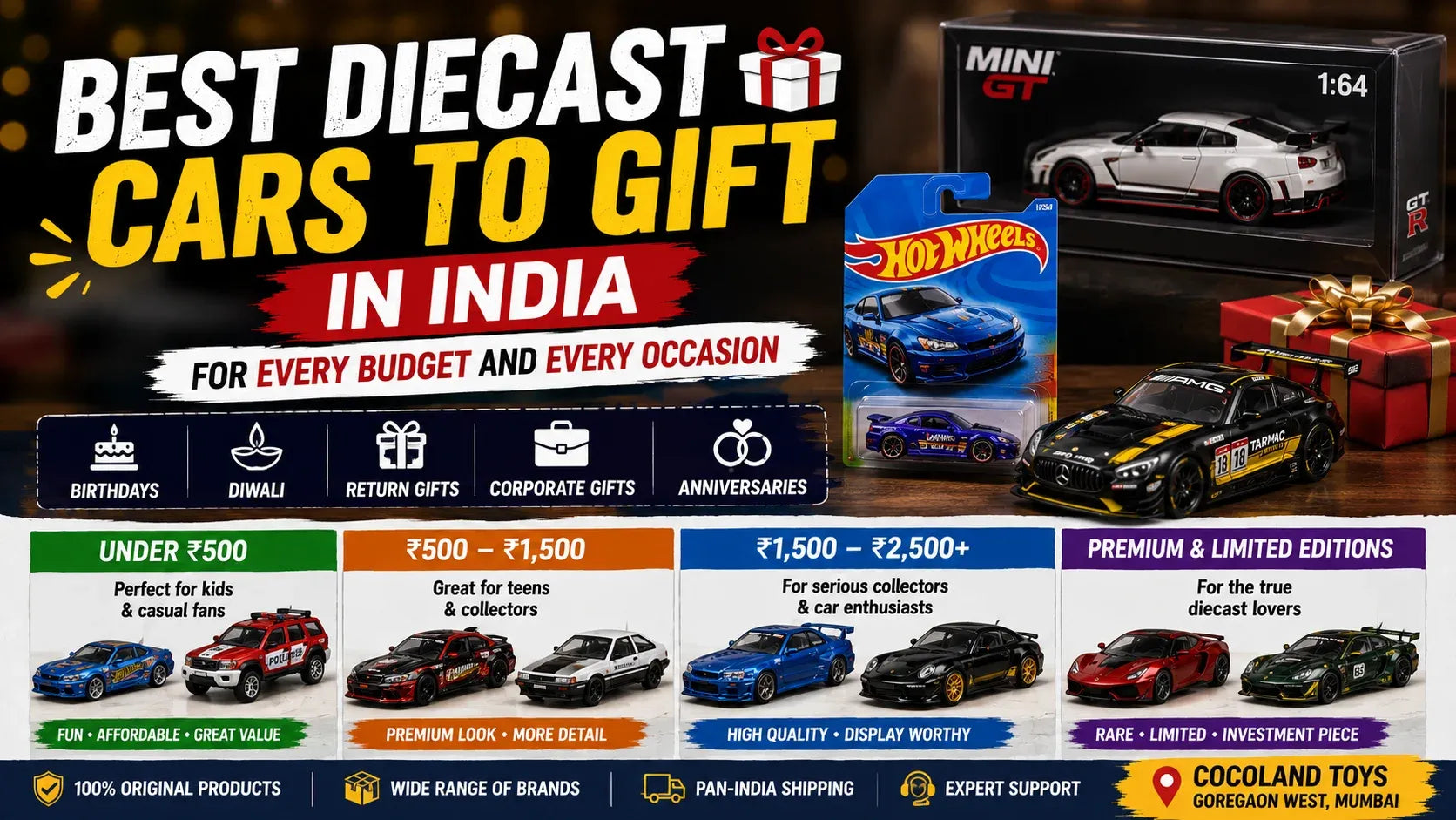 Best diecast cars to gift in India featuring Hot Wheels, MINI GT, and premium 1:64 collectible model cars for birthdays, Diwali, return gifts, and special occasions.