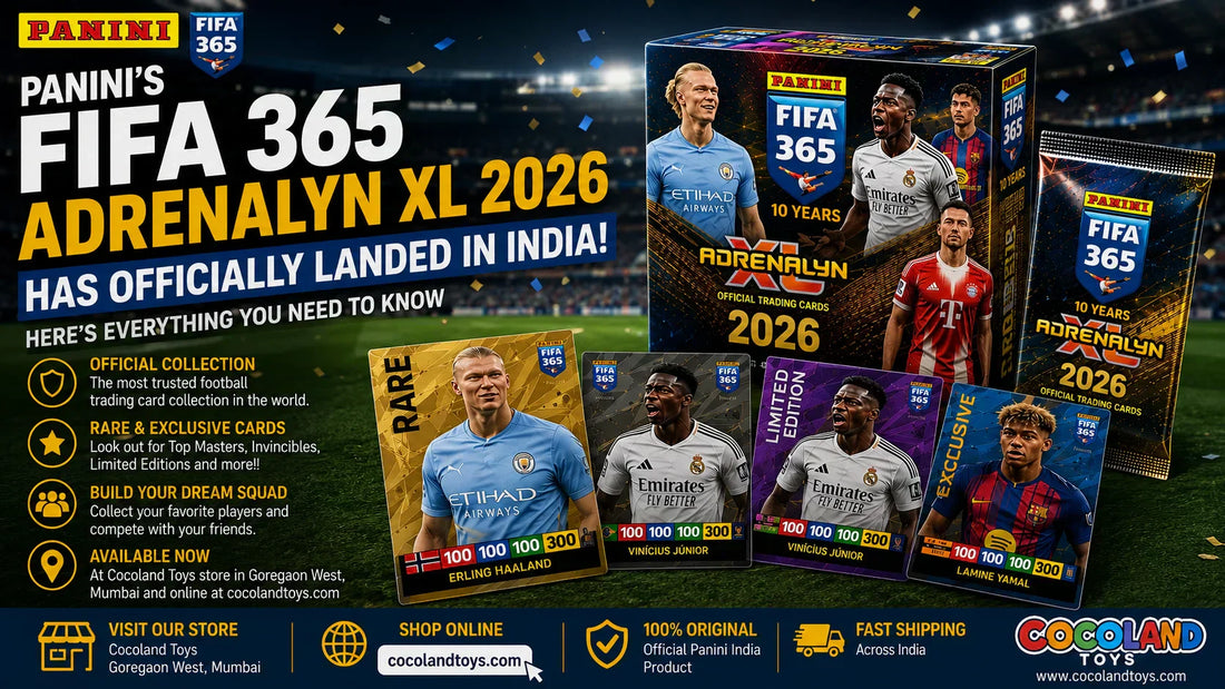 Panini FIFA 365 Adrenalyn XL 2026 trading cards, booster box, booster pack, and rare football player cards including Erling Haaland, Vinícius Júnior, and Lamine Yamal, available at Cocoland Toys India.