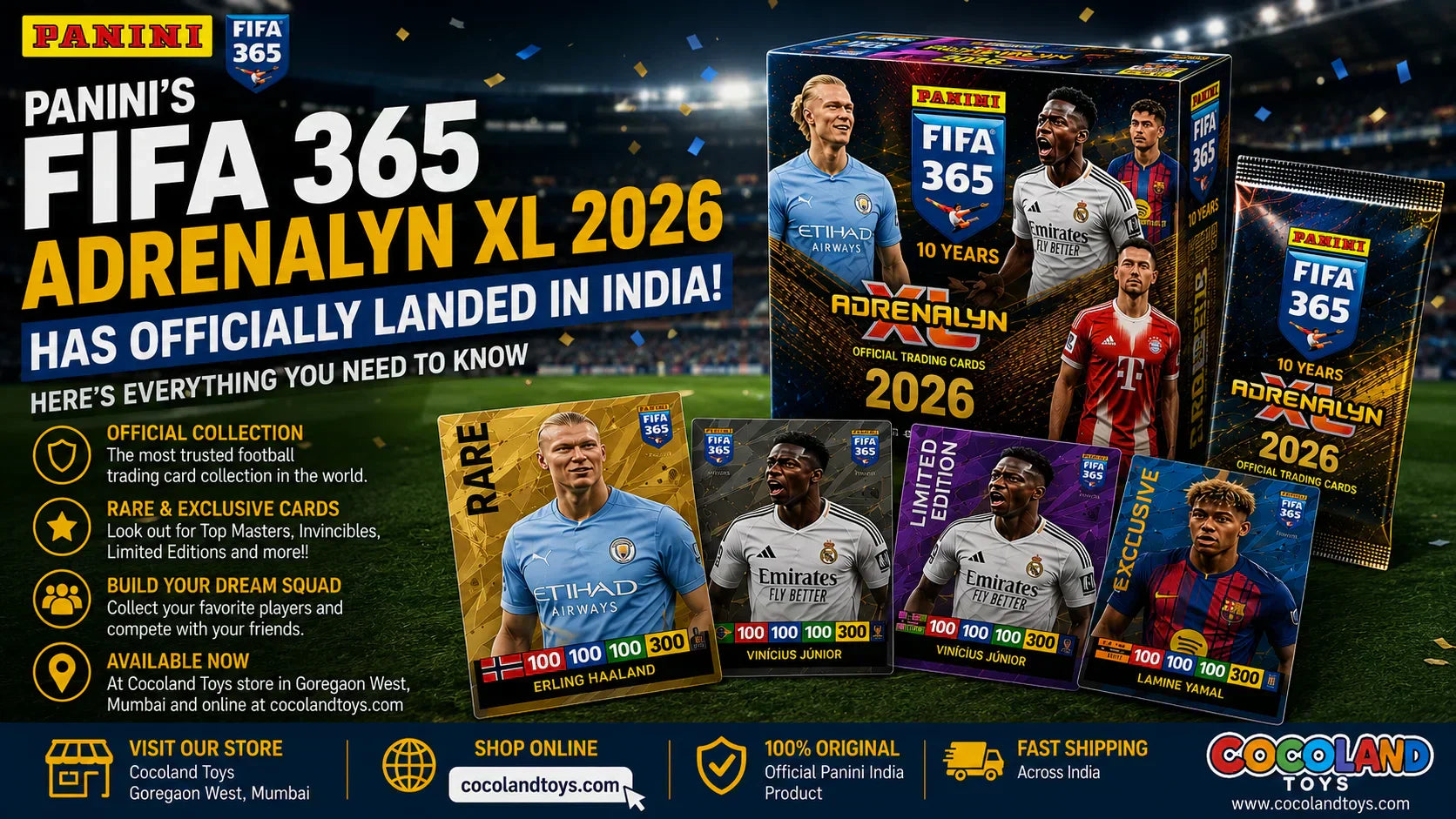 Panini FIFA 365 Adrenalyn XL 2026 trading cards, booster box, booster pack, and rare football player cards including Erling Haaland, Vinícius Júnior, and Lamine Yamal, available at Cocoland Toys India.