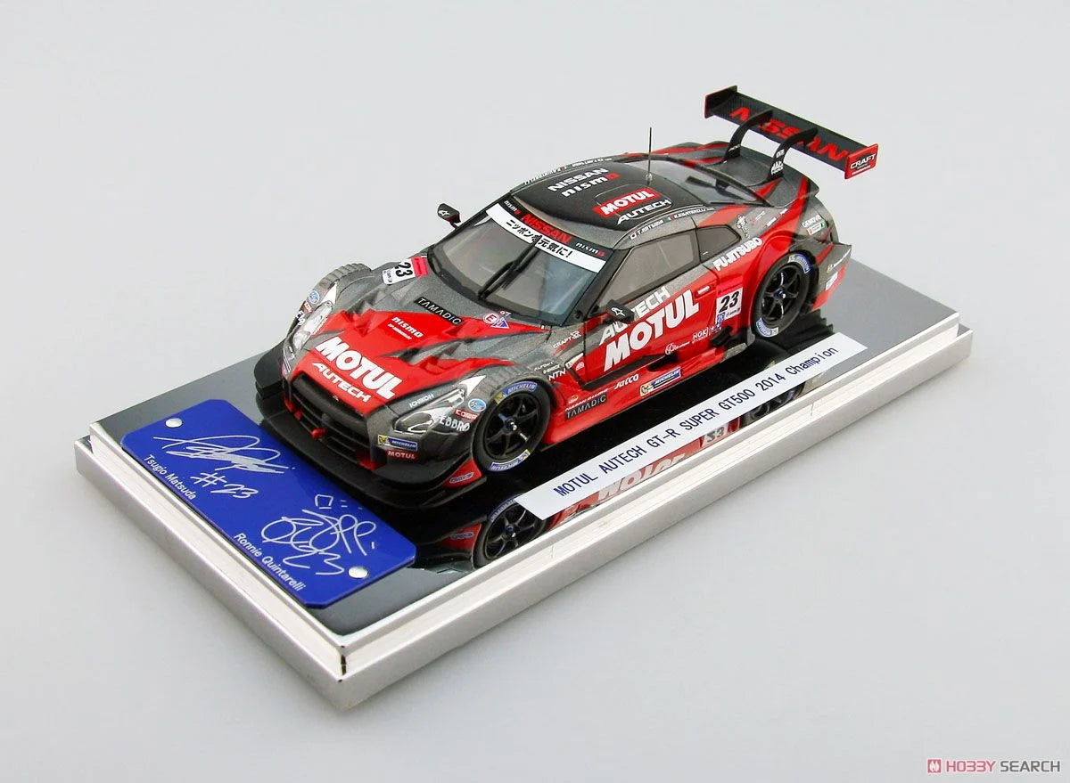 Cocoland Toys Ebbro MOTUL AUTECH GT-R SUPER GT500 2014 No.23 Champion on collector display base angled view