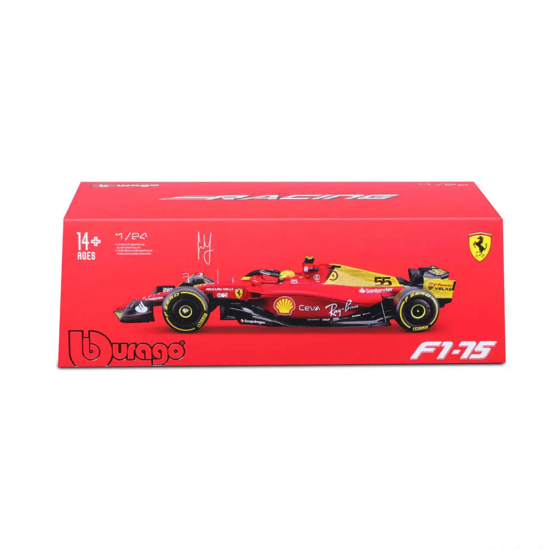 Bburago Ferrari F1-75 No.55 Sainz 1:24 F1 Model Box View Cocoland Toys