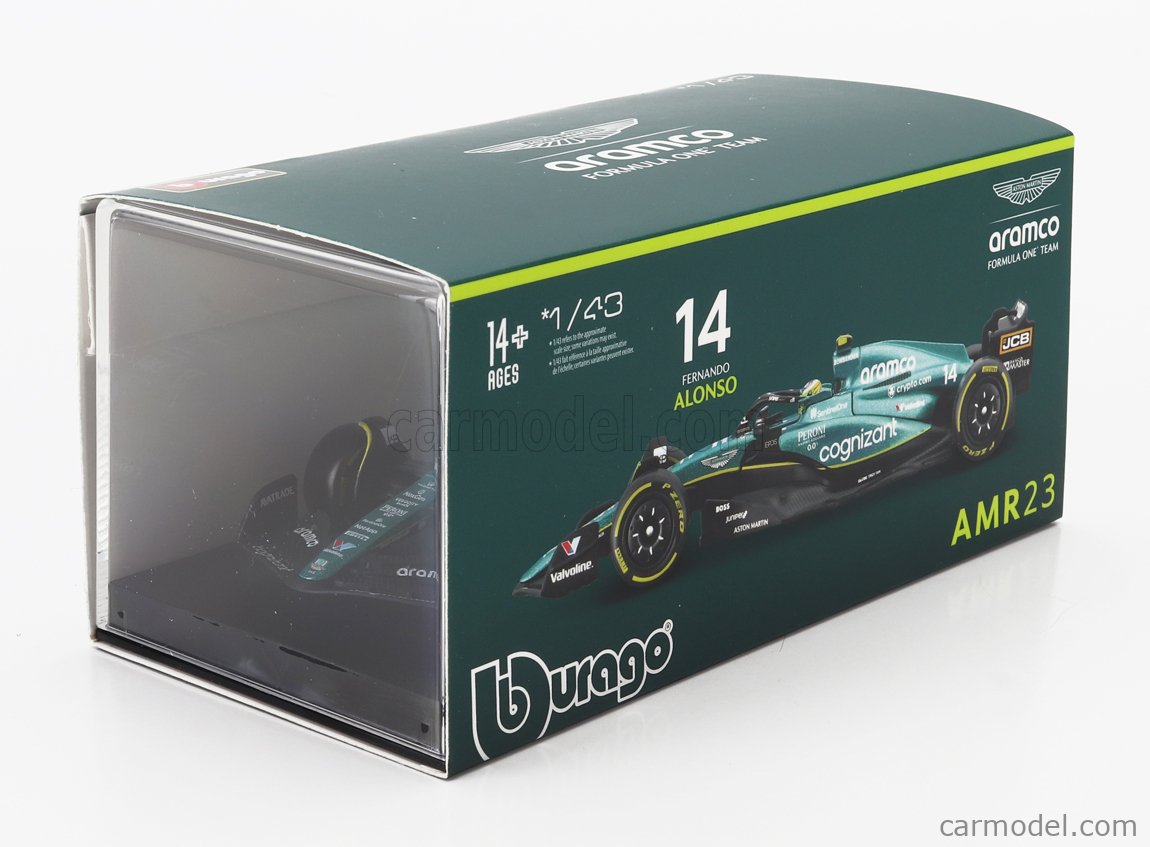 BURAGO - ASTON MARTIN - F1 AMR23 TEAM ARAMCO COGNIZANT N 14 SEASON 2023 FERNANDO ALONSO - WITH PILOT AND SHOWCASE