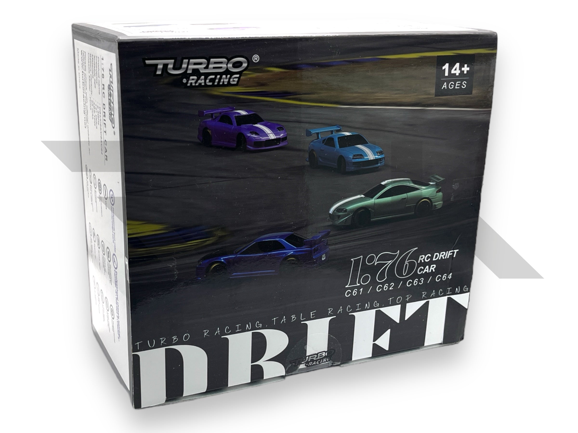 Turbo Racing 1:76 drift RC car retail packaging with display artwork Cocoland Toys