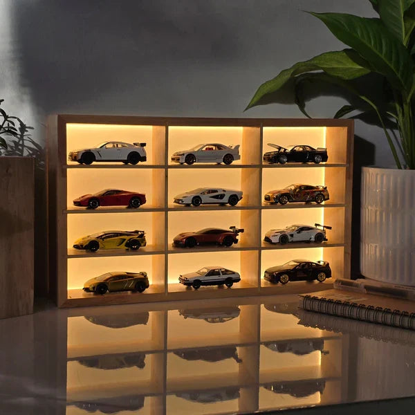 Wooden LED Diecast Car Diorama Organizer with Acrylic Dust Cover ( Cars Not Included )