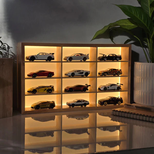 Wooden LED Hot Wheels Diecast Diorama Organizers With Light With Acrylic Dust Covers - Fits 12 Cars ( No cars Included )