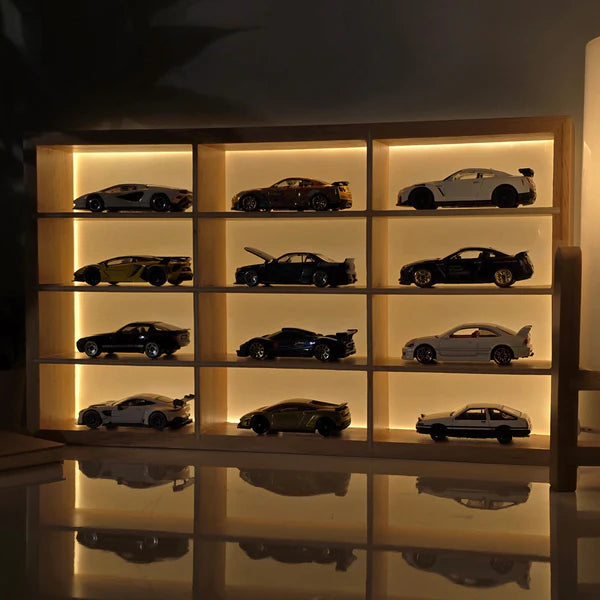 Wooden LED Hot Wheels Diecast Diorama Organizers With Light With Acrylic Dust Covers - Fits 12 Cars ( No cars Included )