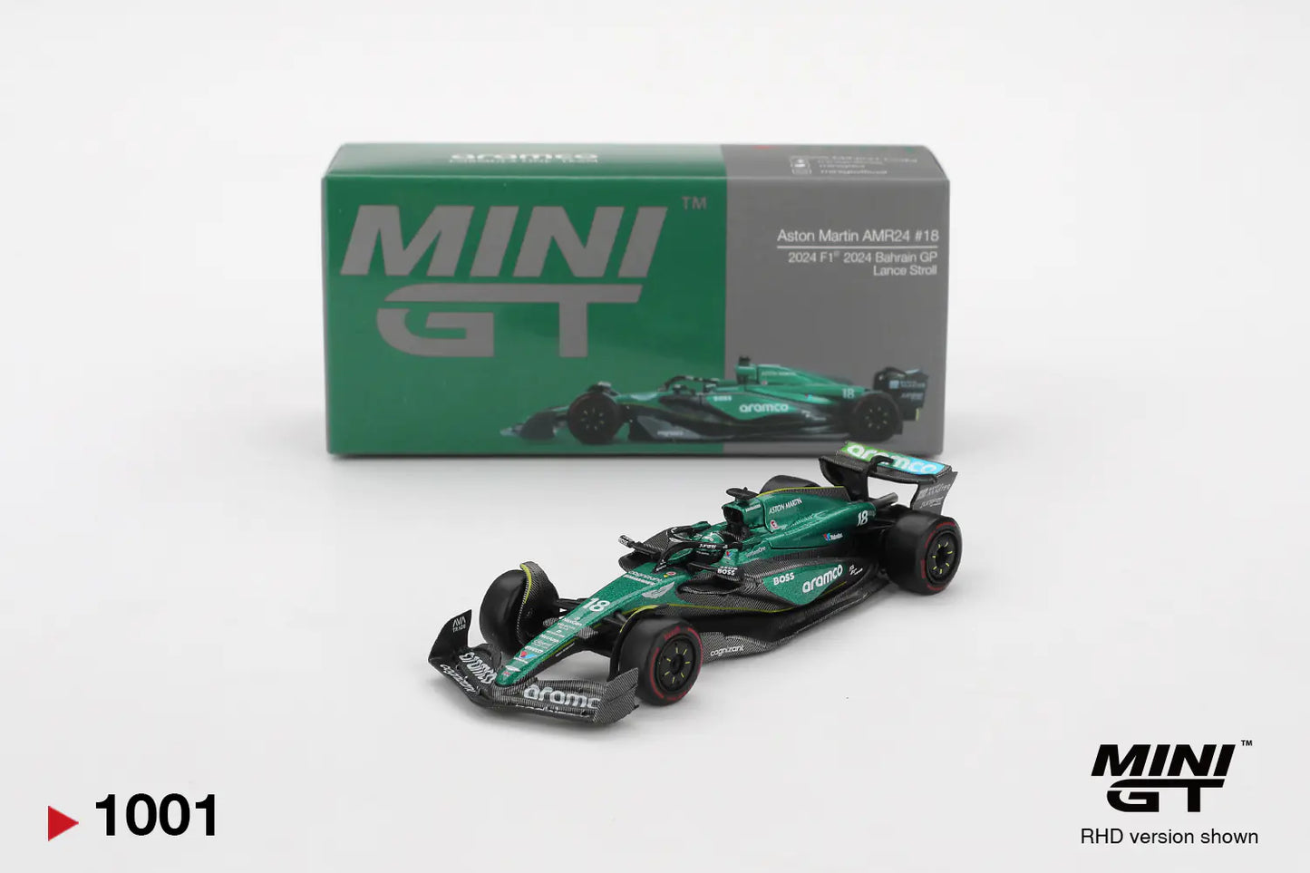 MINI GT Aston Martin AMR24 #18 2024 F1 2024 Bahrain GP Lance Stroll – 1001